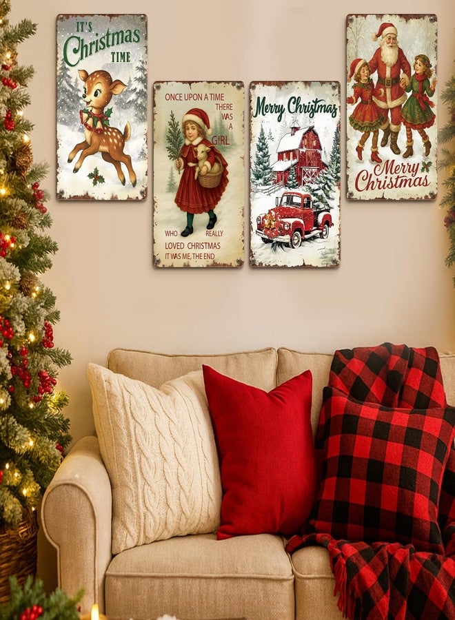 Otoolling 4 Pcs Vintage Christmas Wall Sign Metal Red Truck Little Girl Plaque Sign Decorations Santa Claus Elk Wall Art for Home Coffee Shop Retro Christmas Decor, 8 x 12 Inch - Image 3
